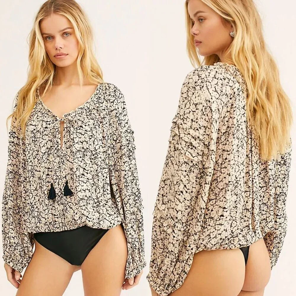 Free People FP Intimately All Tucks Printed Bodysuit XS Long Balloon Sleeves $78